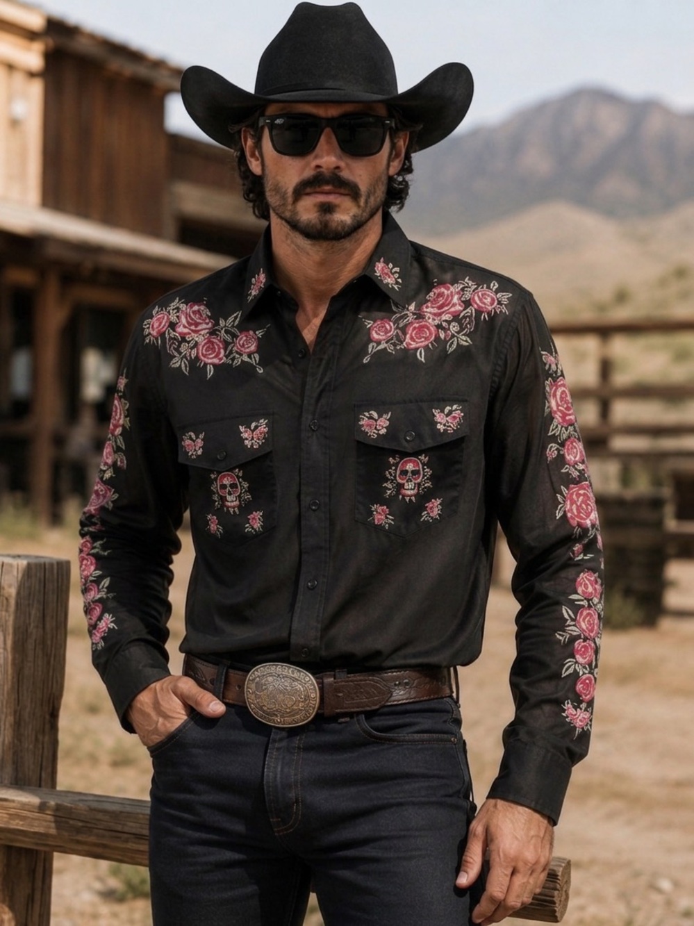 OUKU Men’s L Black Western Shirt Rose Skull Floral Cowboy Button Up NWT